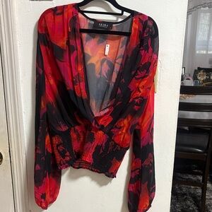 AKIRA Red, Pink & Black Floral Sheer V-Neck Blouse